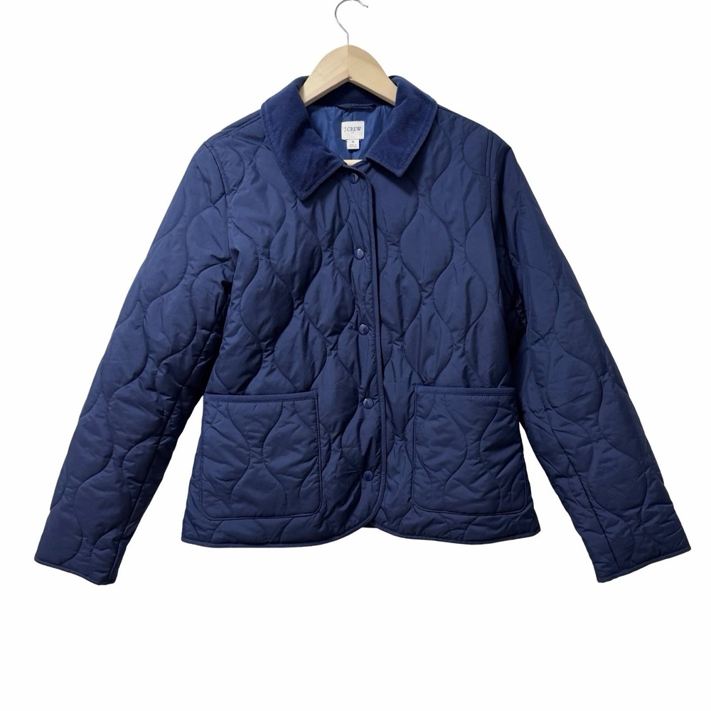 J CREW Womens Quilted Puffer Barn Jacket Size S Navy Corduroy Collar Countryside